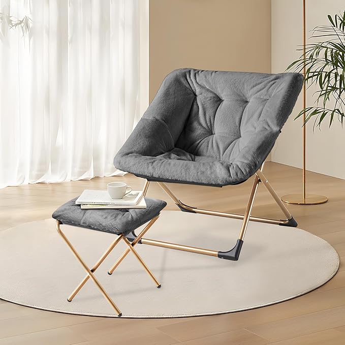 Comfy Oversized Saucer Chair with Ottoman,Soft Faux Fur Reading Lounge Chair for Adults,Stable X-Large Metal Frame and Non-Slip Pad,Cozy Chair for Bedroom, Living Room, Dorm, Dark Gray