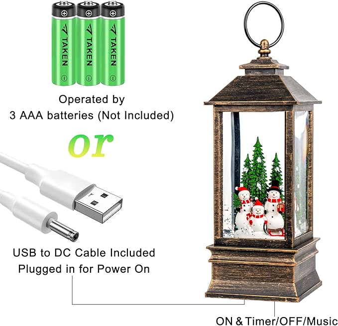 10.4" Christmas Snow Globe Water Lantern with Snowman Family Sledding Scene Battery Operated or USB Powered Musical Lighted Holiday Decoration for Tabletop Display for Family and Friends