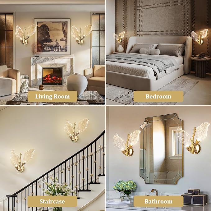 Wall Sconces, Gold Bathroom Sconces Wall Lighting with Clear Acrylic Leaf, Modern Sconces Wall Decor Wall Light fixtures for Bathroom Mirror Living Room Hallway Bedroom Stairs (1pcs,Gold)