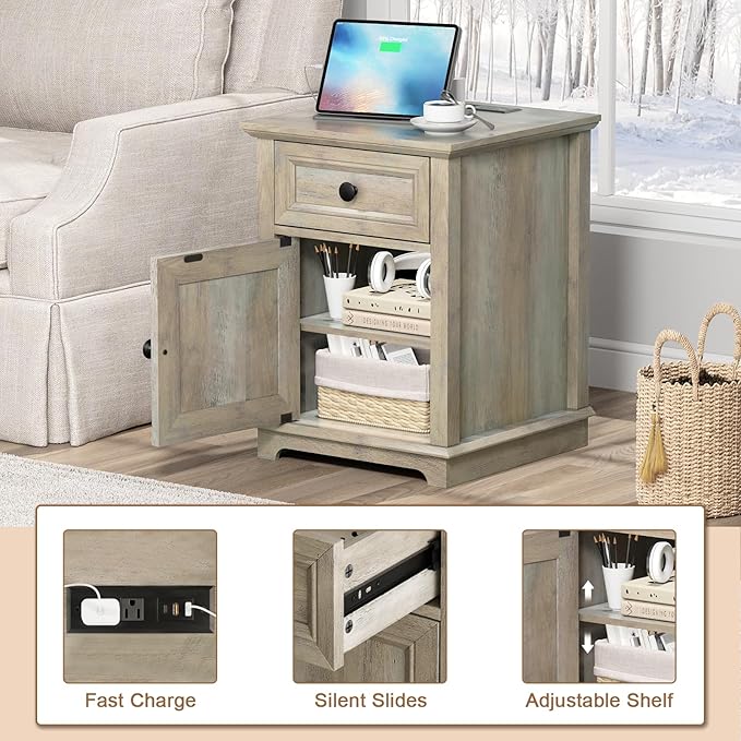 End Tables with Charging Station Set of 2, Side Tables with Drawer and Adjustable Shelf, Night Stand Set of 2, Wooden Side Table for Living Room/Bedroom/Office, Light Grey.