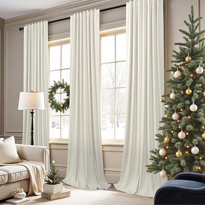 100% Blackout Thermal Curtains 98 Length 2 Panels Set for Bedroom Closet Room Divider Faux Linen Windows Rod Pocket Pleated Drapes Modern Farmhouse Living Room Darkening Curtains 98 Inches Long Cream