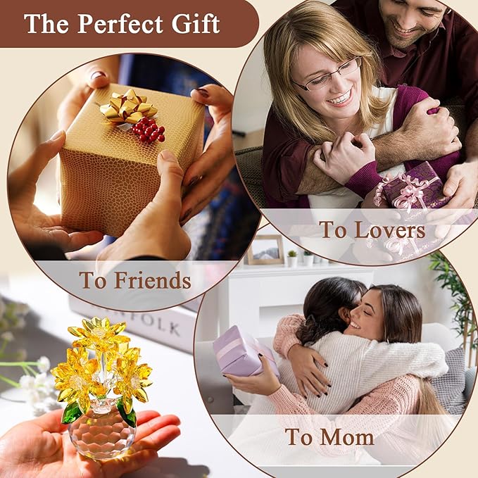 Enjinkail Handmade Crystal Daisy Figurine - Yellow Glass Flowers Gifts for Women, Elegant Home Decor & Table Centerpiece