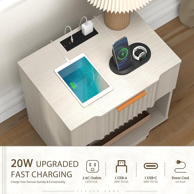 Yechen Fluted Nightstand with 20W Fast Charging Station - Modern Large Night Stand with Storage Drawer & Open Shelf, Wide Wood Bedside End Table for Bedroom with Curved Profile Base, White Oak