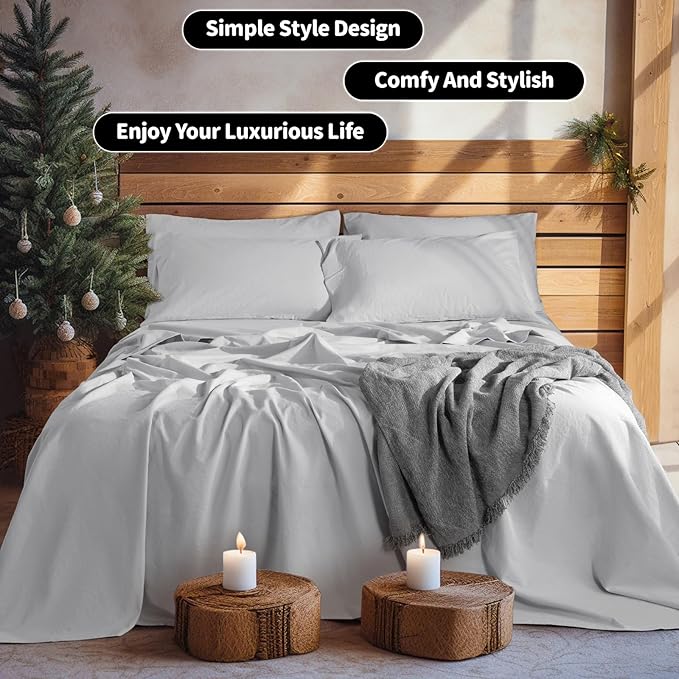 LBRO2M 100% Linen Sheet Set Queen Size, Bed Sheets 6 Piece Sets,Solid Color Natural Flax Bed Sheets Soft Breathable Bedding,16" Deep Pocket,All Season (Queen, Grey)