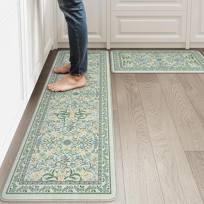 Collive Anti Fatigue Mats for Kitchen Floor, Cushioned Waterproof Sink Rug Set of 2 Spring Floral Kitchen Mat Comfort Non Skid Standing Rug for Office, Desk, Laundry, 17"x30"+17"x59"