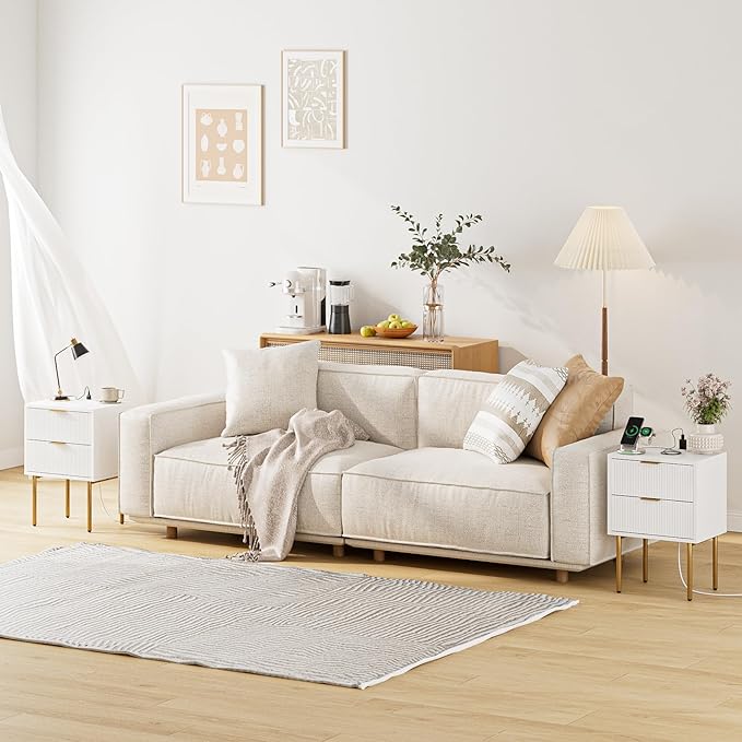 Masupu Nightstand with Charging Station,Mid-Century Modern Bedside Table with 2 Storage Drawer,Small Gold Frame Side End Table for Bedroom,Living Room (White)
