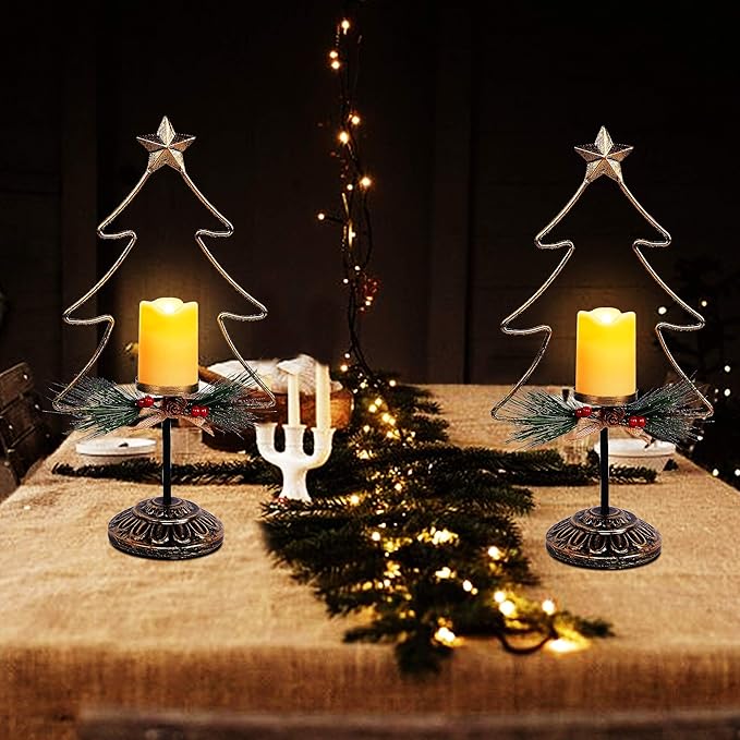 Lulu Home Lighted Christmas Table Decorations, 2 Pack 15.7 Inch Christmas Tree with Battery Operated Candle Lights, Light Up Christmas Tabletop Decorations, Xmas Holiday Winter Tabletop Desk Ornament