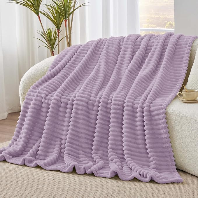 BEDELITE Twin Blanket for Couch & Bed, 300GSM Soft & Warm Fleece Blanket, Decorative and Giftable Striped Lilac Blankets for Women, Men, 60"x80"