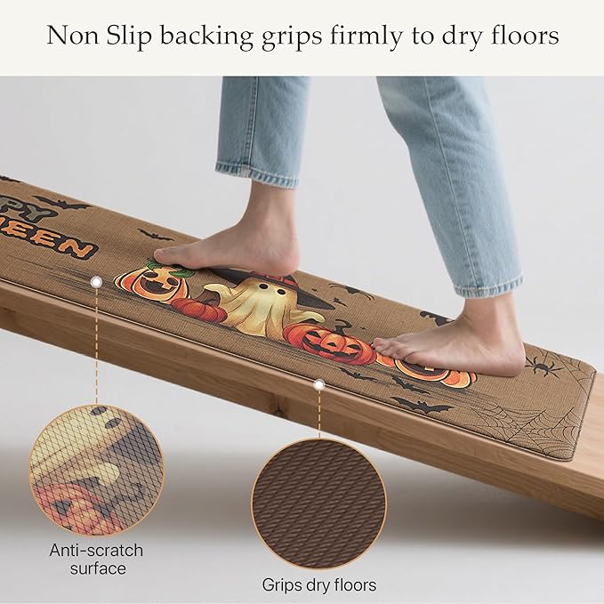 GENIMO Halloween Decorations - Kitchen Mats for Floor, 2PCS Kitchen Rugs, Cushioned Anti Fatigue Mat for Home Decor, Waterproof Non-Slip Comfort Standing Mat for Laundry, 17.3"x47"+17.3"x30", Brown