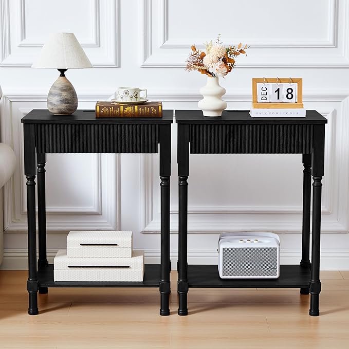 23.6” Large End Table with Charging Station, Set of 2, Modern Farmhouse Side Table Sofa Tables with Fluted Drawer, Wooden Bedside Table Night Stand for Bedroom Living Room Home Office, Black