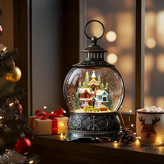 9.8" Christmas Snow Globe Water Lantern with Mountain Village and Train Scene Battery Operated or USB Powered Musical Lighted Holiday Decoration for Tabletop Display for Family and Friend