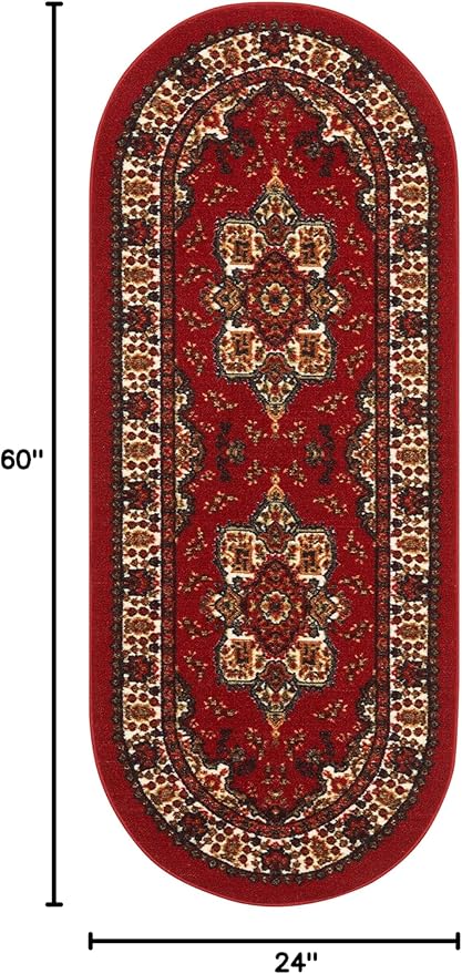 Antep Rugs Alfombras Oriental Traditional 2x5 Non-Skid (Non-Slip) Low Profile Pile Rubber Backing Kitchen Area Rugs (Maroon, 2' x 5' Oval)