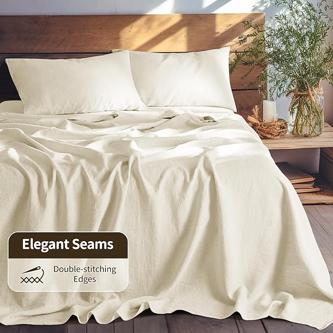 LBRO2M 100% Linen Sheet Set 16" Deep Pocket Queen Size,Bed Sheets 4 Piece Sets,Solid Color Natural Flax Bed Sheets Soft Breathable Bedding, All Season (Queen, Beige)