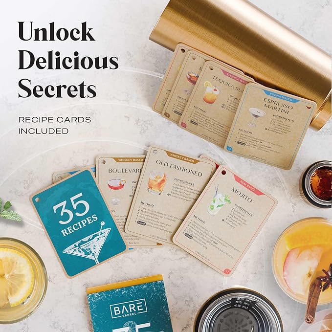 Insulated Cocktail Shaker Set | Double Wall Stainless Steel | Martini Shaker for Home Bar Bartending | Built-in Drink Measurement System & Strainer, Travel Bag, 35 Recipes | Gift Set (Copper)