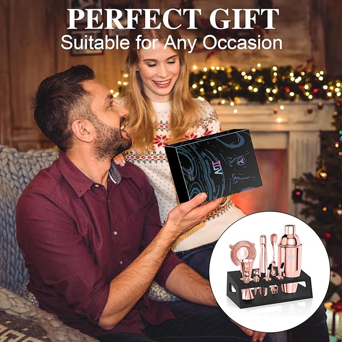 IOV Mixology Bartender Kit with Stand | 12-Piece Cocktail Shaker Set | 24oz Martini Shaker Set for Drink Mixing | Bar Set Includes All Bar Tools and Recipe Booklet | Fun Housewarming Gift (Rose Gold)