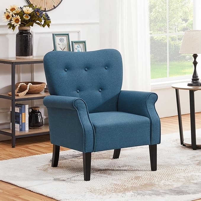 Yaheetech Modern Armchair, Mid Century Accent Chair with Sturdy Wood Legs and High Back for Small Space, Upholstered Fabric Sofa Club Chair for Living Room/Bedroom/Office, Navy Blue