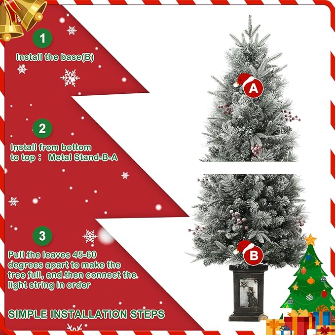 GarveeHome 4.5ft Pre-Lit Flocked Artificial Christmas Tree with Pine Cones, Artificial Xmas Tree w/ 386 Branch Tips & 200 Lights, Snowman Base for Home, Party Decoration,1 PCS