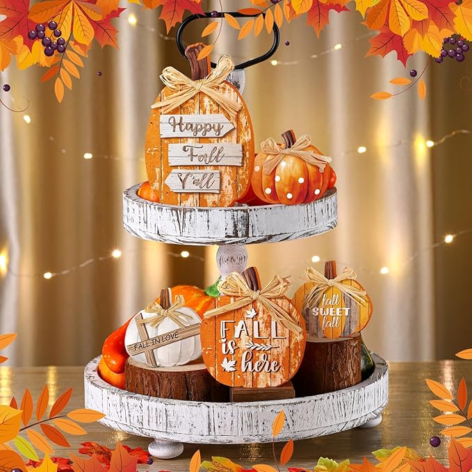 5 Pcs Classic Fall Pumpkin Decor for Home Thanksgiving Wooden Table Centerpiece Decorations Fall Wooden Pumpkin Signs for Autumn Farmhouse Home Living Room Kitchen Mantle Tabletop Supplies