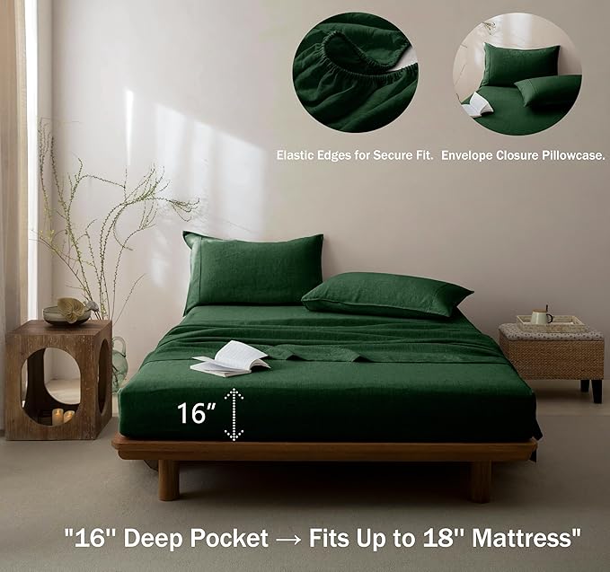 Talasily 100% French Pure Linen Sheets Set Full Size,Oeko-TEX Certified Bedding, All-Season Breathable for Hot Sleepers,16 Inch Deep Pocket Machine Washable 4-Piece (Forest Green)