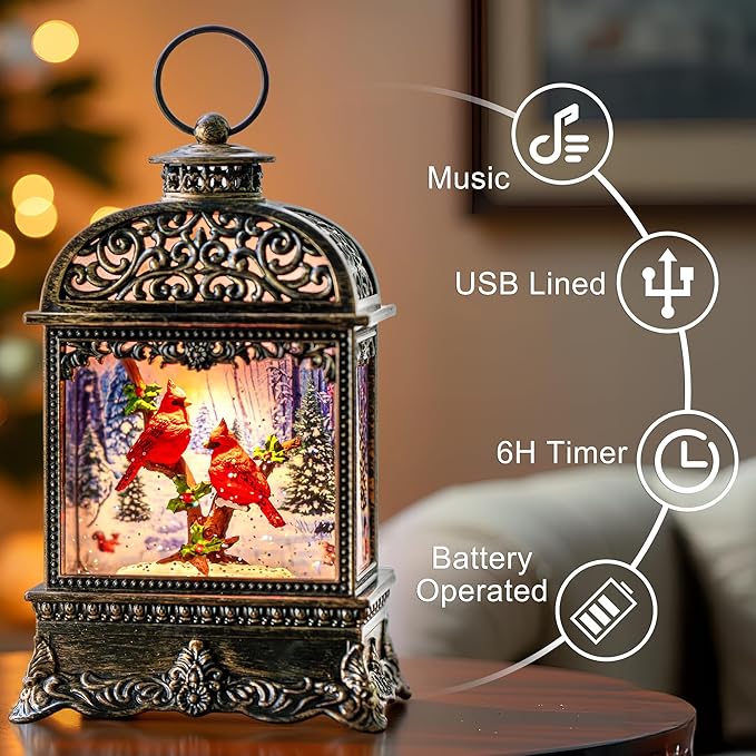 10.2" Christmas Snow Globe Water Lantern with Cardinal Scene Battery Operated or USB Powered Musical Lighted Holiday Decoration for Tabletop Display for Family and Friends