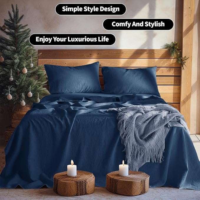 LBRO2M 100% Linen Sheet Set 16" Deep Pocket Queen Size,Bed Sheets 4 Piece Sets,Solid Color Natural Flax Bed Sheets Soft Breathable Bedding, All Season (Queen, Navy Blue)
