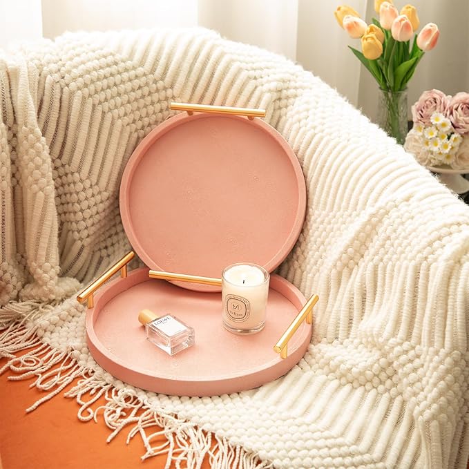 Modern Decorative Tray, Set of 2 Round Shagreen Serving Tray with Gold Polished Metal Handles, Coffee Table Ottoman Trays Perfume Trays Living Room Bathroom Home Decor (Pink)