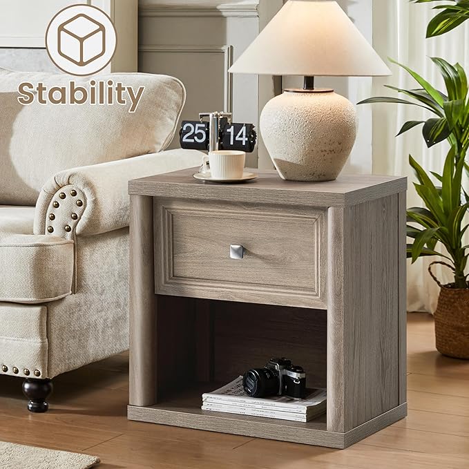 Farmhouse Night Stand Set of 2, Grey Nightstands with Drawer Storage, Wood Large Side Tables End Table, 22.6" Wide Bedside Tables Night Stands for Bedroom Room Sofa Couch Office