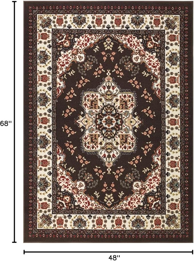 Antep Rugs Alfombras Oriental Traditional 4x6 Non-Skid (Non-Slip) Low Profile Pile Rubber Backing Indoor Area Rugs (Brown, 4' x 5'8")