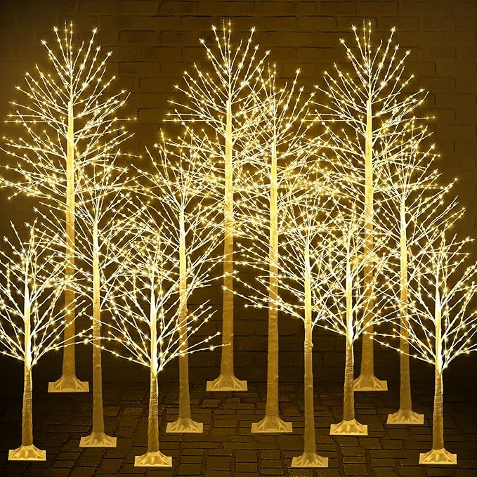 Baquler 12 Pack Lighted Birch Tree - Artificial LED Warm-White Light Birch Tree Decoration for Christmas Holiday Party Wedding Festival Decor, Indoor & Outdoor (4 6 8 ft)