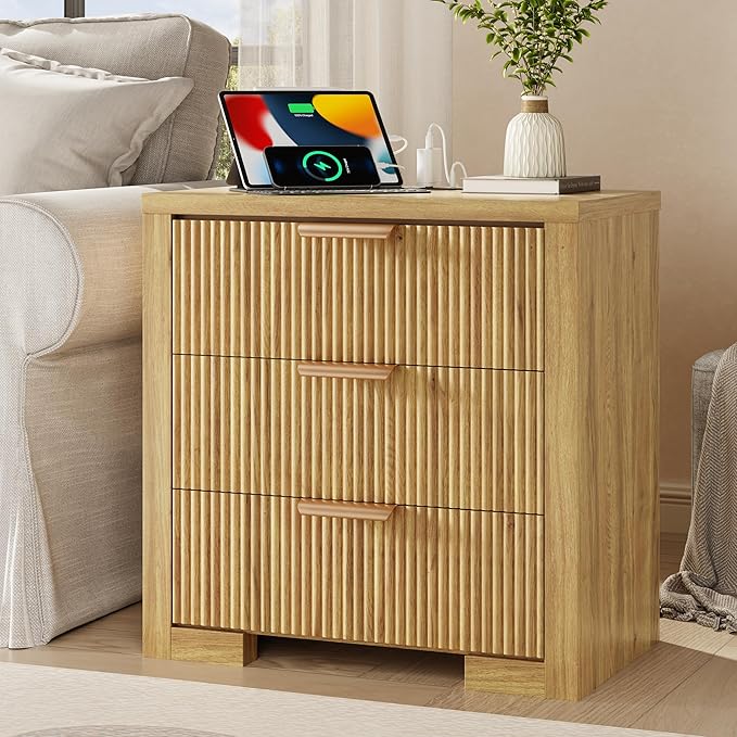 Fluted Nightstand Set of 2 with Charging Station, 23.6" Night Stand with 3 Drawers,End Table with Storage, Bed Side Table for Bedroom,Modern Nightstand for Living Room, Oak