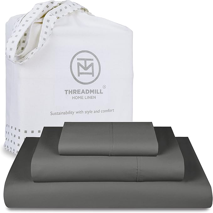 Threadmill Luxury 800 Thread Count 100% Cotton Sheets - Sateen Weave Twin XL Bed-Sheets, Better Than Egyptian Cotton,3 Pc Solid Soft Bedding Set (Dark Grey), Fits 15" Deep Pocket