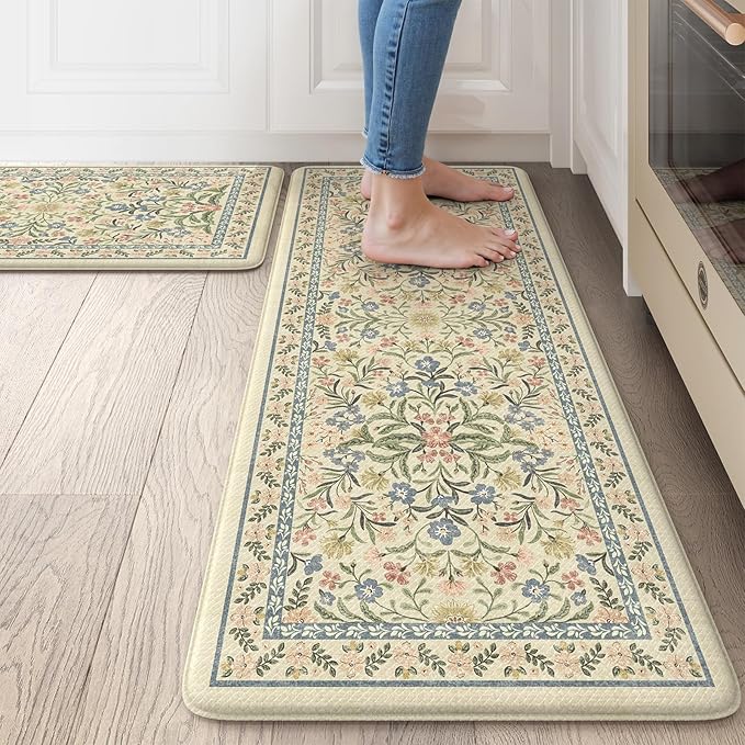 Collive Anti Fatigue Mat for Kitchen Floor, Spring Floral Kitchen Mats for Floor Set of 2, Beige Cushioned Waterproof Sink Rugs Non Slip Comfort Standing Rug for Office, Laundry, Desk