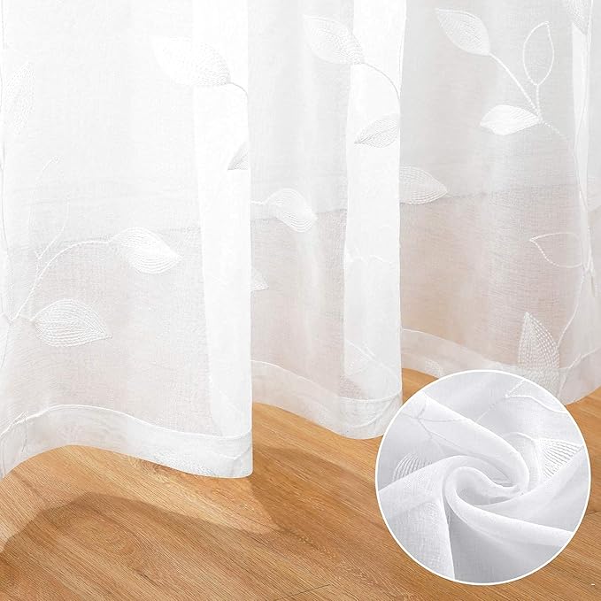 HOMEIDEAS White Sheer Curtains 52 X 96 Inches Long 2 Panels Embroidered Leaf Pattern Pocket Faux Linen Floral Semi Sheer Voile Window Curtains/Drapes for Bedroom Living Room