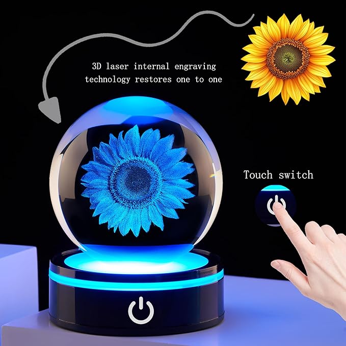 3D Crystal Ball Statue with LED Color Changing Base, Suitable for Daughters, sons, Mothers, Girlfriends, Birthdays, Friends, Colleagues, Wives' Gifts, Love Sunflower Ornaments and Decorations