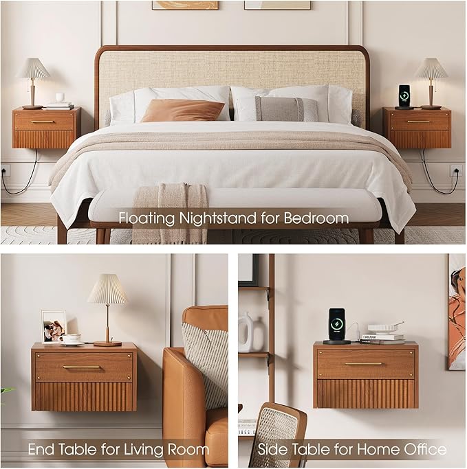 Floating Nightstand Set of 2 with Charging Station, Mid Century Modern Wood Wall Mounted Bedside Table with Storage Drawers & Fluted End Table for Bedroom, Home Small Space, Cherry, 2 PCS
