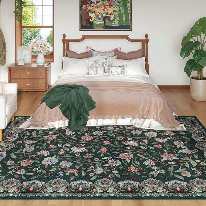 Rugcomf Vintage Paisley Rugs for Living Room 5'x7' - Machine Washable Area Rug, Non-Slip Low Pile Floral Carpet for Bedroom, Dining Room, Farmhouse, Office, Kids Playroom - Green