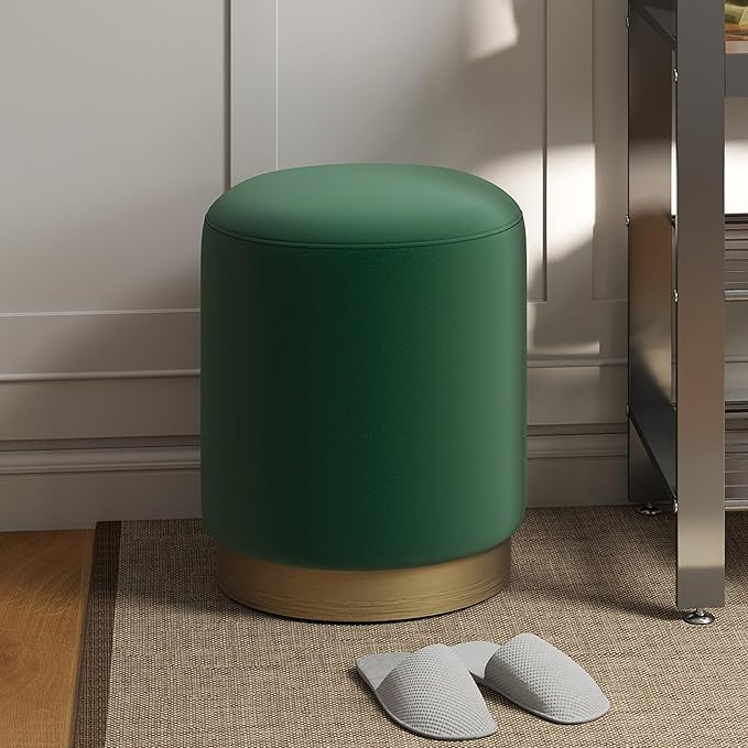 DAGONHIL Modern Round Velvet Ottoman,Upholstered Make-up Short Foot Stools with Gold Plating Base,Pack of 1,Green