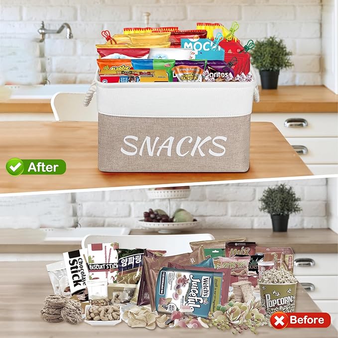 2 Pack Snack Organizer for Pantry,Decorative Snack Basket with 20 Pcs Chip Clips, Collapsible Snack Organizer for Countertop, Pantry Shelf, Office, Kitchen and More