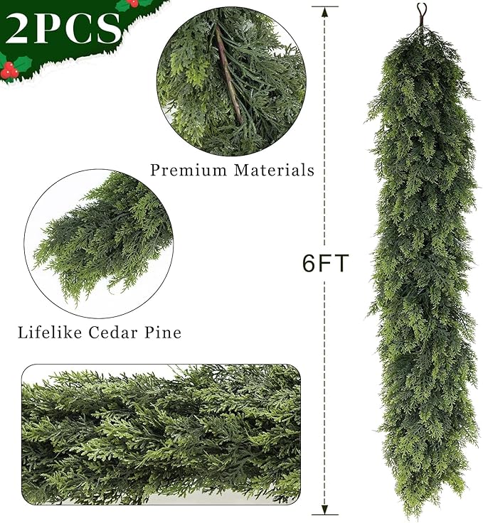 6FT Real Touch Cedar Garland for Fireplace - Artificial Christmas Garlands Realistic Faux Greenery Fake Pine Needles Garland for Holiday,Table, Window,Mantel,Stairs, Home,Indoor Outdoor Decor (2PCS)