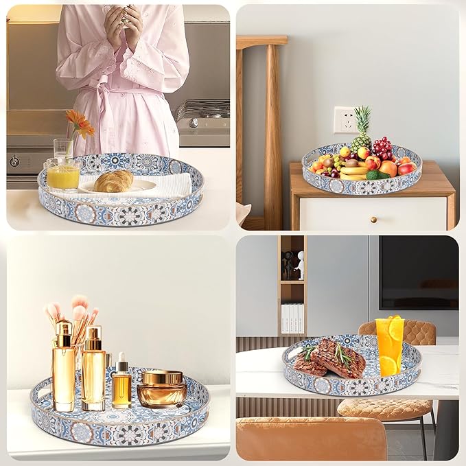 Round Coffee Table Trays, Serving Tray with Handles for Ottoman Coffee Table, Large Tray for Living Room Modern