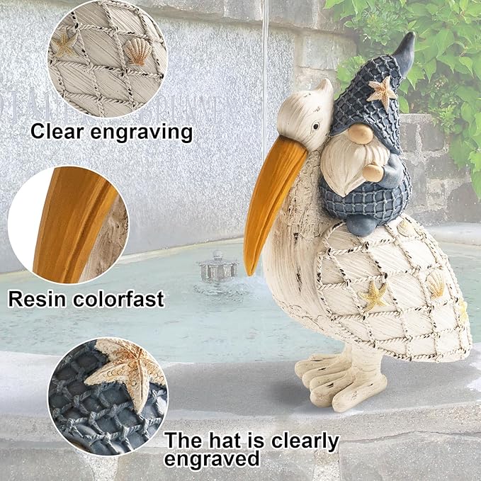 11.5in Pelican Gnome Figurine Decor, Resin Beach Coastal Statue for Home Table, Summer Theme Pool Garden Yard Ornaments Outdoor Gifts