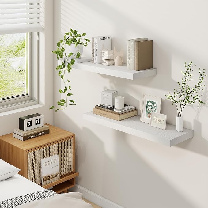 Fun Memories 30 Inch Floating Shelves for Wall, 9 Inch Deep White Rustic Wood Wall Mounted Shelves for Bathroom, Bedroom, Living Room, Set of 2