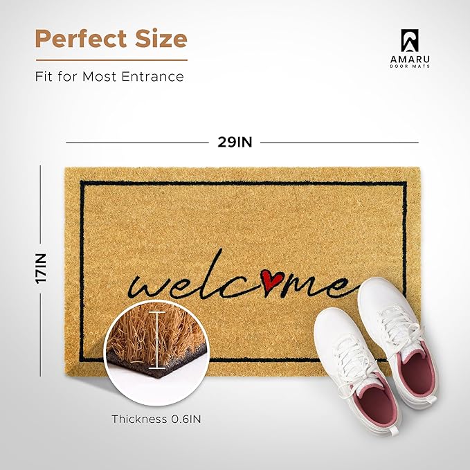 Welcome - 17"x29" - Coir Door Mat with Heavy Duty Backing - Welcome Mats for Entryway, Porch - Anti-Slip PVC & Coconut Fiber Surface - Natural Home Accessories, Minimalist Original Design