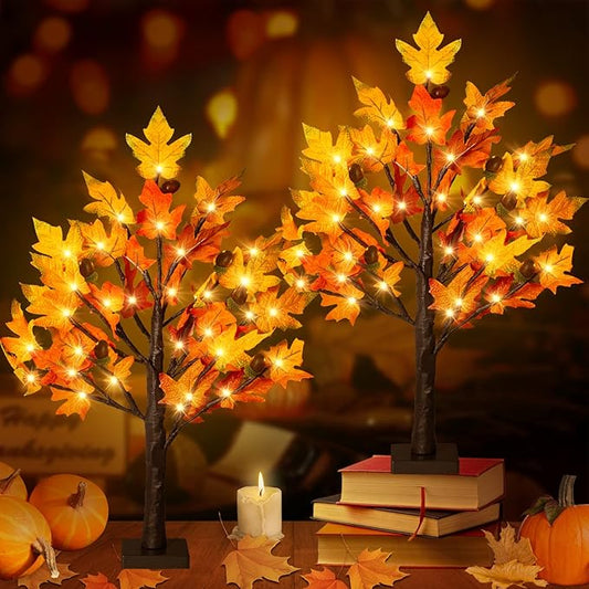 2Pack Fall Lighted Maple Tree - 2FT 36 LED Thanksgiving Decor Artificial Fall Lights, Battery Operated Tabletop Lamp with 6 Acorns, 6-Hours Timer, for Wedding Party Indoor Outdoor Autumn Decor…