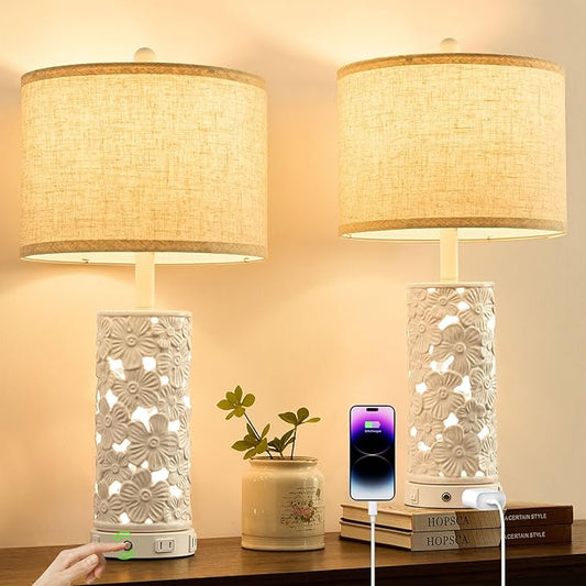 25.5" Modern Ceramic Table Lamp Bedroom Lamp for Bedside, 2 USB & AC Outlet with Night Light White Lamps Farmhouse Night Stand Lamps for Living Room Study Room Office (White-2 Pack)