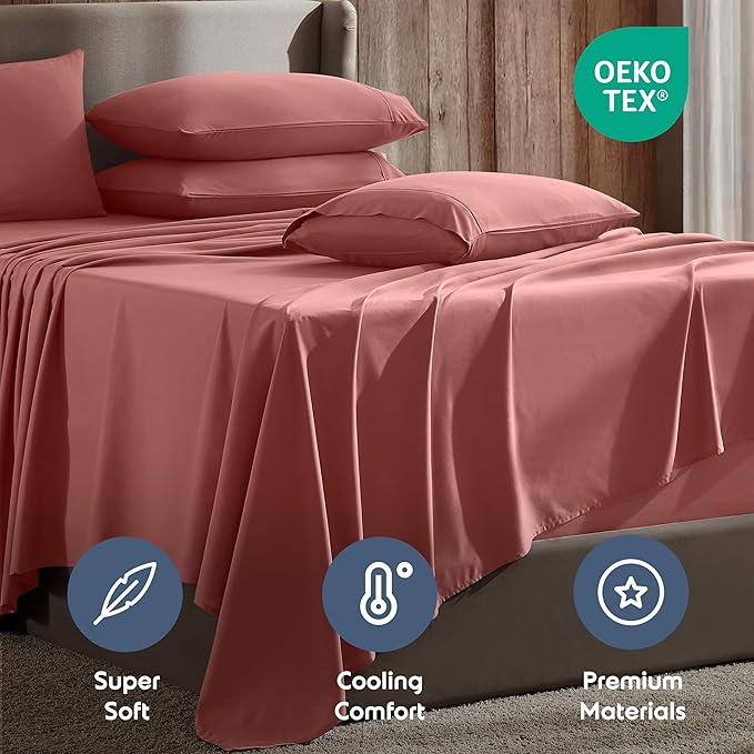 Nestl Extra Deep Twin XL Sheet Set - 4 Piece Breathable & Cooling Sheets - Hotel Luxury Bedding Set w/18-24 Inch Deep Pockets - Easy & Secure Fit - Super Soft, Wrinkle Free & Comfy - Pink Clay