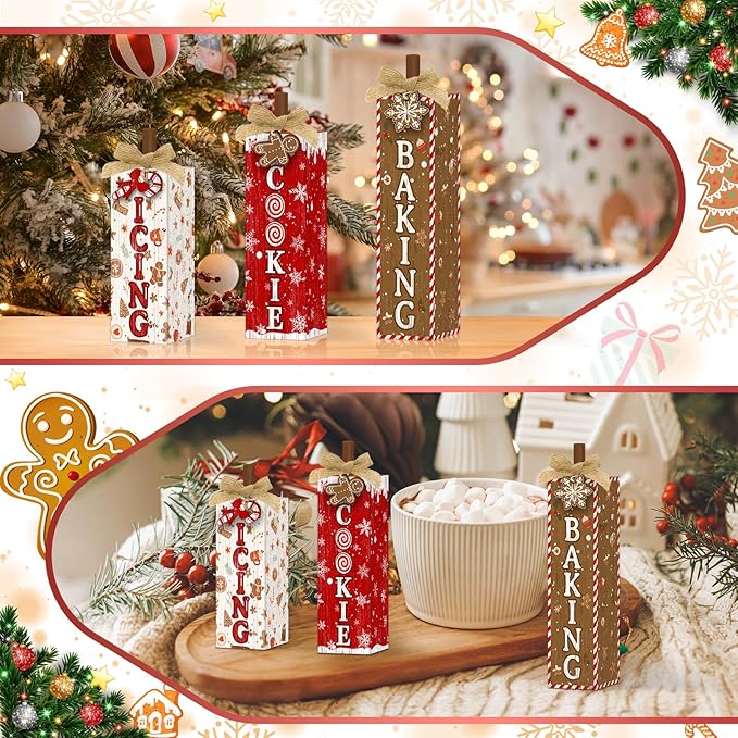 Britimes 3 Pcs Christmas Baking Wooden Table Block Signs, Farmhouse Gingerbread Candy Cane Cookie Print Tiered Tray Decor Rustic Holiday Tabletop Centerpieces for Kitchen Home Winter Decorations