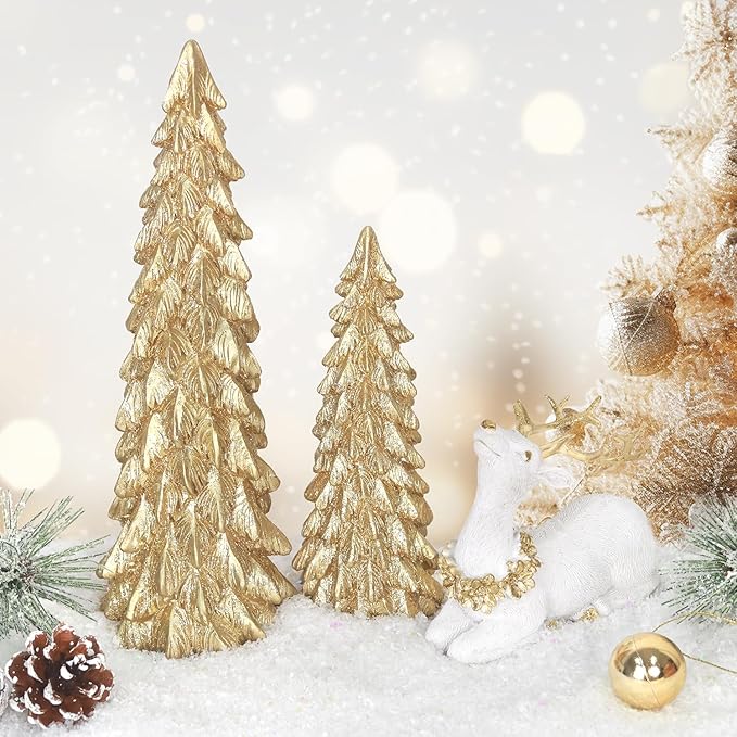 3 Pack Christmas Trees and Reindeer Figurines Decoration- 2 Glittered Christmas Tree Statues and 1 Deer Vintage Christmas Decor Set, Resin Ornaments Tabletop Shelf Office Display Stand Indoor(Gold)