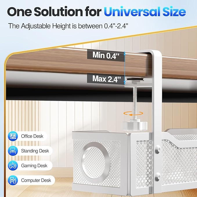 2 Pack Cable Management Under Desk Tray, No Drill Cable Management Box with Clamp for Wire Organization, Cord Organizer for Office, Home - No Damage to Desk (White)