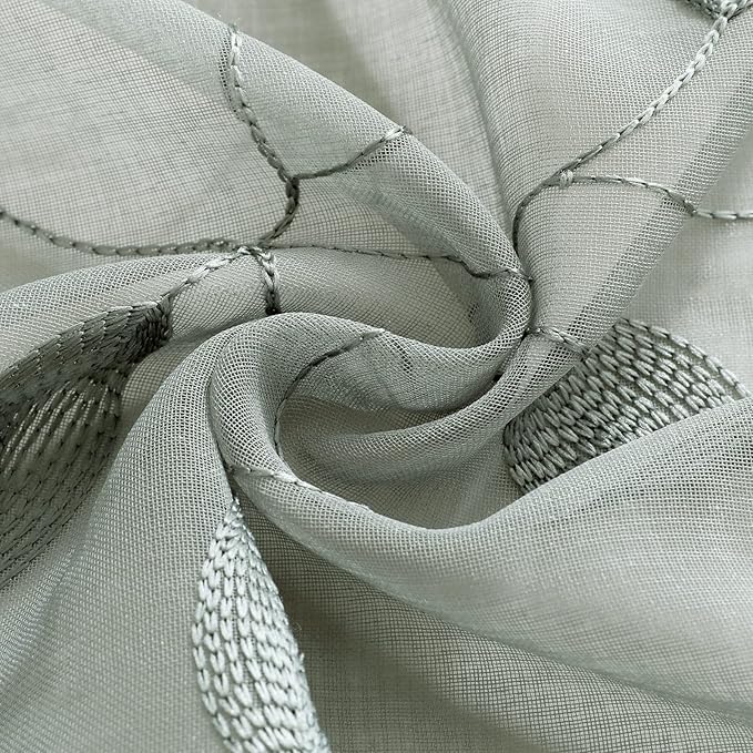 HOMEIDEAS Sage Green Sheer Kitchen Curtains 30 X 24 Inch Length 2 Panels Embroidered Leaf Pattern Short Curtains for Small Window Valance Tiers